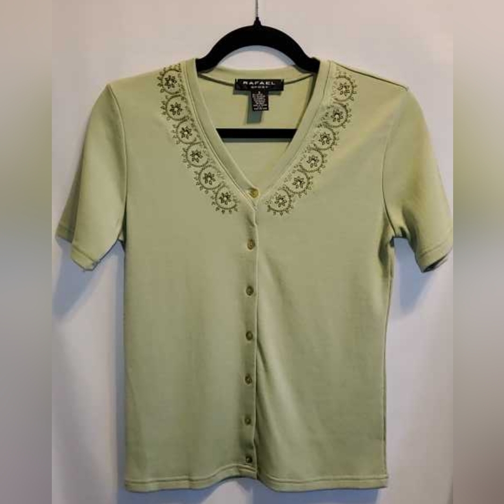 ✨️NWOT RAFAEL Green Short Sleeve Embellished Button Down Shirt